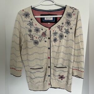 M&S Per Una Floral Embroidered Cardigan - Cream & Blue Wavy Knit - Size 14